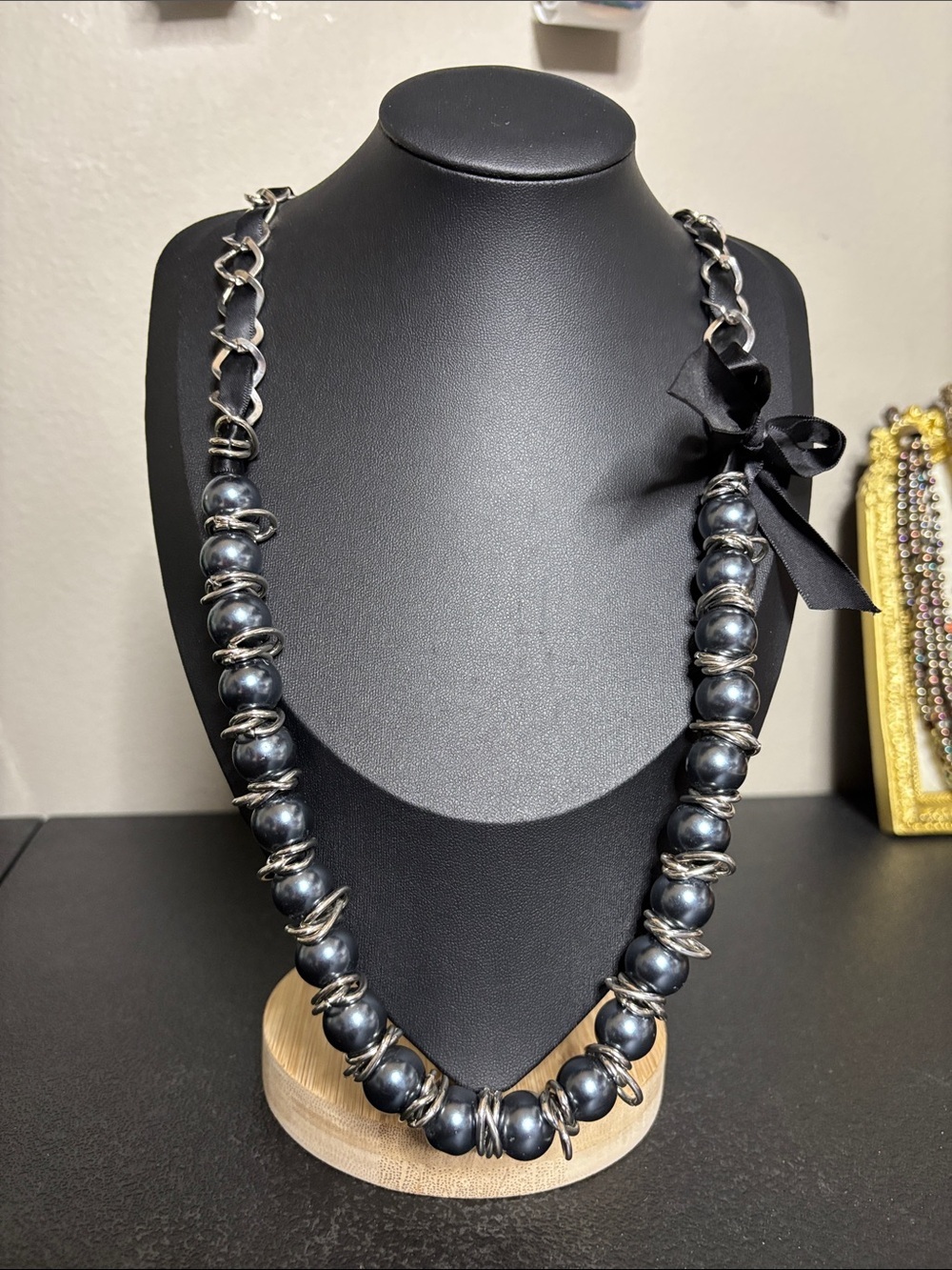 Women's Black Pearl Glass Bead Long Necklace with Ribbon Accent Statement